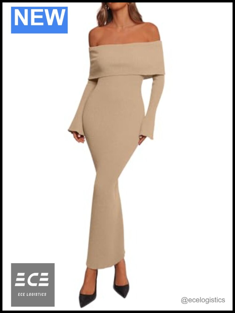 Off Shoulder Bell Sleeve Bodycon Maxi Sweater Dress Ribbed Knit